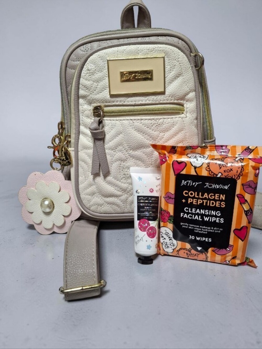 Betsey Johnson White Quilted Mini Backpack -3 Pcs Women's Wipes & Lotion